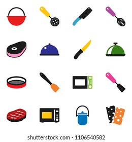 solid vector ixon set - camping cauldron vector, skimmer, spatula, knife, microwave oven, sieve, dish, steak, breads