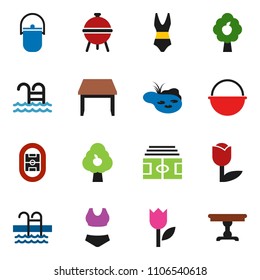 solid vector ixon set - camping cauldron vector, bbq, stadium, swimsuite, pool, tulip, pond, fruit tree, table