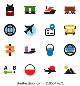 solid vector ixon set - camping cauldron vector, backpack, school bus, signpost, navigator, Railway carriage, plane, ship, route, globe, mountain