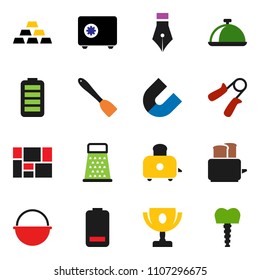 solid vector ixon set - camping cauldron vector, spatula, grater, toaster, dish, pen, award cup, magnet, safe, gold ingot, hand trainer, consolidated cargo, battery, tooth implant
