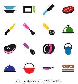 solid vector ixon set - camping cauldron vector, pan, skimmer, spatula, knife, microwave oven, plates, dish, steak, breads