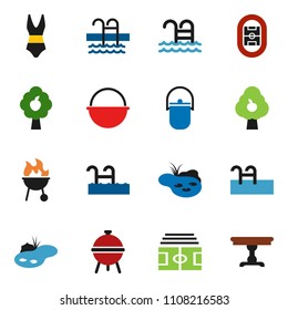solid vector ixon set - camping cauldron vector, bbq, stadium, swimsuite, pool, pond, fruit tree, table