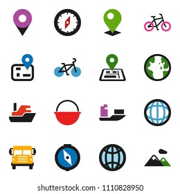 solid vector ixon set - camping cauldron vector, compass, school bus, world, bike, navigator, ship, globe, pin, mountain