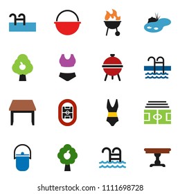 solid vector ixon set - camping cauldron vector, bbq, stadium, swimsuite, pool, pond, fruit tree, table