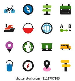solid vector ixon set - camping cauldron vector, backpack, compass, school bus, world, bike, signpost, map pin, ship, route, Railway carriage