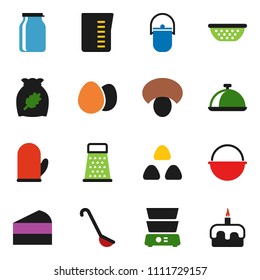 solid vector ixon set - camping cauldron vector, colander, measuring cup, cook glove, ladle, grater, double boiler, dish, jar, cereal, egg, mushroom, cake