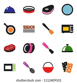 solid vector ixon set - camping cauldron vector, pan, skimmer, spatula, microwave oven, plates, sieve, dish, steak, breads