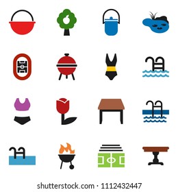 solid vector ixon set - camping cauldron vector, bbq, stadium, swimsuite, pool, tulip, pond, fruit tree, table