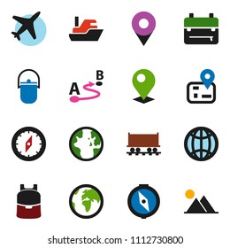 solid vector ixon set - camping cauldron vector, backpack, compass, world, navigator, earth, Railway carriage, plane, ship, route, globe, pin, mountain