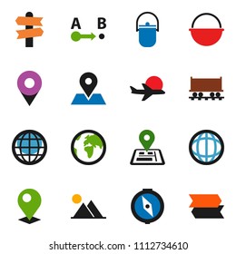 solid vector ixon set - camping cauldron vector, compass, world, signpost, navigator, earth, map pin, Railway carriage, plane, route, globe, mountain