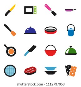 solid vector ixon set - camping cauldron vector, pan, spatula, knife, microwave oven, plates, sieve, dish, steak, breads