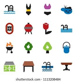 solid vector ixon set - camping cauldron vector, bbq, stadium, swimsuite, pool, tulip, pond, fruit tree, table