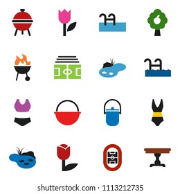 solid vector ixon set - camping cauldron vector, bbq, stadium, swimsuite, tulip, pond, pool, fruit tree, table