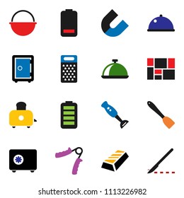 solid vector ixon set - camping cauldron vector, spatula, grater, toaster, blender, dish, magnet, gold ingot, safe, hand trainer, consolidated cargo, battery, scalpel