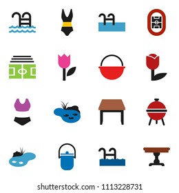solid vector ixon set - camping cauldron vector, bbq, stadium, swimsuite, pool, tulip, pond, table