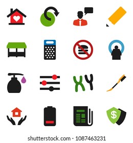 solid vector ixon set - car fetlock vector, liquid soap, house hold, grater, pencil, no fastfood, newspaper, speaking man, battery, chromosomes, tomography, equalizer, redo, love home, market
