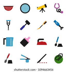 solid vector ixon set - car fetlock vector, iron, toilet brush, colander, measuring cup, cook press, meat hammer, cutting board, blender, sieve, telescope, crutches, scalpel, stethoscope, attachment
