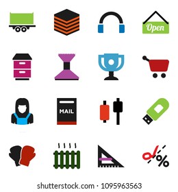 solid vector ixon set - car fetlock vector, cleaner woman, corner ruler, award cup, japanese candle, boxing glove, truck trailer, headphones, big data, usb modem, mailbox, heating, open, cart