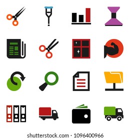 solid vector ixon set - car fetlock vector, shining window, document, graph, wallet, binder, muscule hand, delivery, newspaper, magnifier, crutches, scissors, network folder, redo