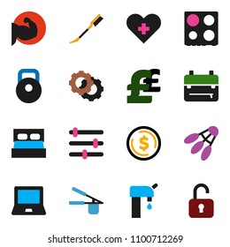 solid vector ixon set - car fetlock vector, cook press, oven, backpack, notebook pc, dollar coin, pound, weight, muscule hand, shuttlecock, heart cross, gear, equalizer, water supply, unlock