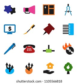 solid vector ixon set - car fetlock vector, window cleaning, splotch, house hold, drawing compass, pen, paper pin, monitor dollar, music hit, loudspeaker, classic phone, connect, hub, route arrow