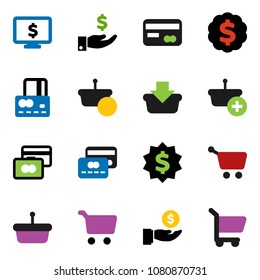 solid vector ixon set - cart vector, credit card, investment, dollar medal, monitor, basket