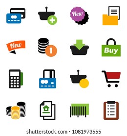solid vector ixon set - cart vector, credit card, coin stack, estate document, new, buy, barcode, reader, basket, shopping list