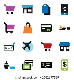 solid vector ixon set - cart vector, credit card, check, office, plane, port, shopping bag, store, tap pay