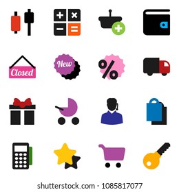 solid vector ixon set - cart vector, japanese candle, wallet, gift, star, new, closed, shopping bag, percent, support, card reader, basket, calculator, delivery, baby stroller, password