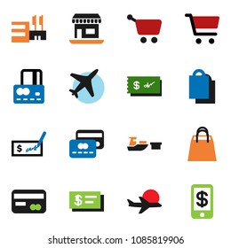solid vector ixon set - cart vector, credit card, check, office, plane, port, shopping bag, mall, tap pay
