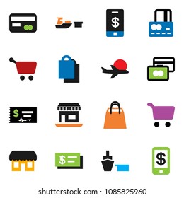 solid vector ixon set - cart vector, credit card, check, office, plane, port, shopping bag, store, tap pay