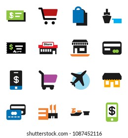 solid vector ixon set - cart vector, check, office, plane, port, credit card, shopping bag, store, mall, tap pay