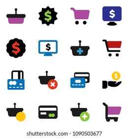 solid vector ixon set - cart vector, credit card, investment, dollar medal, monitor, basket