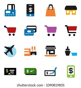 solid vector ixon set - cart vector, credit card, check, office, plane, port, shopping bag, store, mall, tap pay