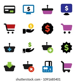 solid vector ixon set - cart vector, credit card, investment, dollar medal, monitor, basket