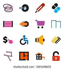 solid vector ixon set - cart vector, dollar cursor, horizontal bar, hoop, wood box, speaker, disabled, thermometer, insemination, pills, blister, network, arrow, cottage, plan, unlock
