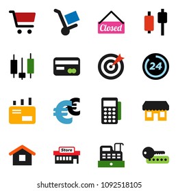 solid vector ixon set - cart vector, japanese candle, euro sign, credit card, closed, 24 hour, store, mall, target, reader, cashbox, home, trolley, mail, password