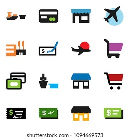 solid vector ixon set - cart vector, credit card, check, office, plane, port, store, mall