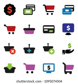 solid vector ixon set - cart vector, credit card, investment, dollar medal, monitor, basket