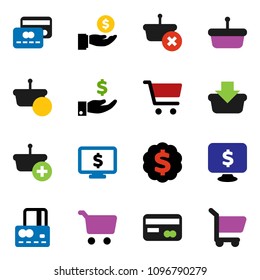 solid vector ixon set - cart vector, credit card, investment, dollar medal, monitor, basket