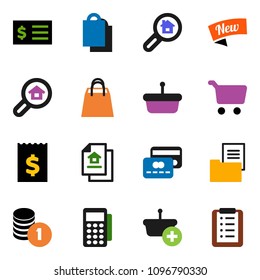 solid vector ixon set - cart vector, coin stack, receipt, estate document, search, credit card, new, shopping bag, reader, basket, list