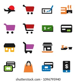 solid vector ixon set - cart vector, credit card, check, office, plane, port, shopping bag, store, mall, tap pay