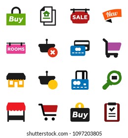 solid vector ixon set - cart vector, credit card, cargo search, estate document, sale signboard, rooms, new, market, store, buy, basket, shopping list