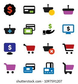 solid vector ixon set - cart vector, credit card, investment, dollar medal, monitor, basket