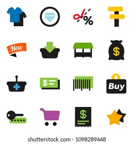solid vector ixon set - cart vector, money bag, new, market, buy, barcode, receipt, basket, check, coupon, diamond ring, signpost, clothes, password, star