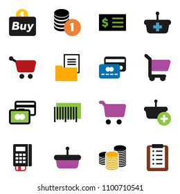 solid vector ixon set - cart vector, credit card, coin stack, receipt, estate document, buy, barcode, reader, basket, shopping list