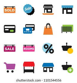 solid vector ixon set - cart vector, office, sale signboard, rooms, sold, credit card, shopping bag, percent, market, store, barcode, basket