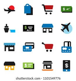 solid vector ixon set - cart vector, credit card, check, office, plane, port, shopping bag, store, tap pay