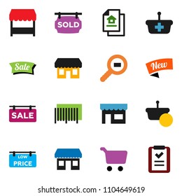 solid vector ixon set - cart vector, office, cargo search, estate document, sale signboard, sold, low price, new, market, store, barcode, basket, shopping list