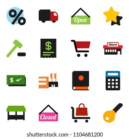 solid vector ixon set - cart vector, star, open, closed, percent, market, mall, receipt, calculator, auction, trolley, delivery, catalog, check, password